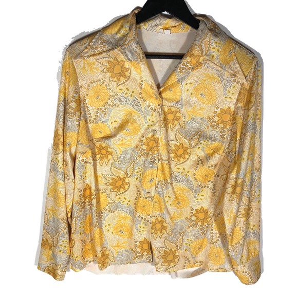 Vintage Tops - Vintage Yellow Floral Shirt, Knit Button Down Top, Bright Flowers, Disco